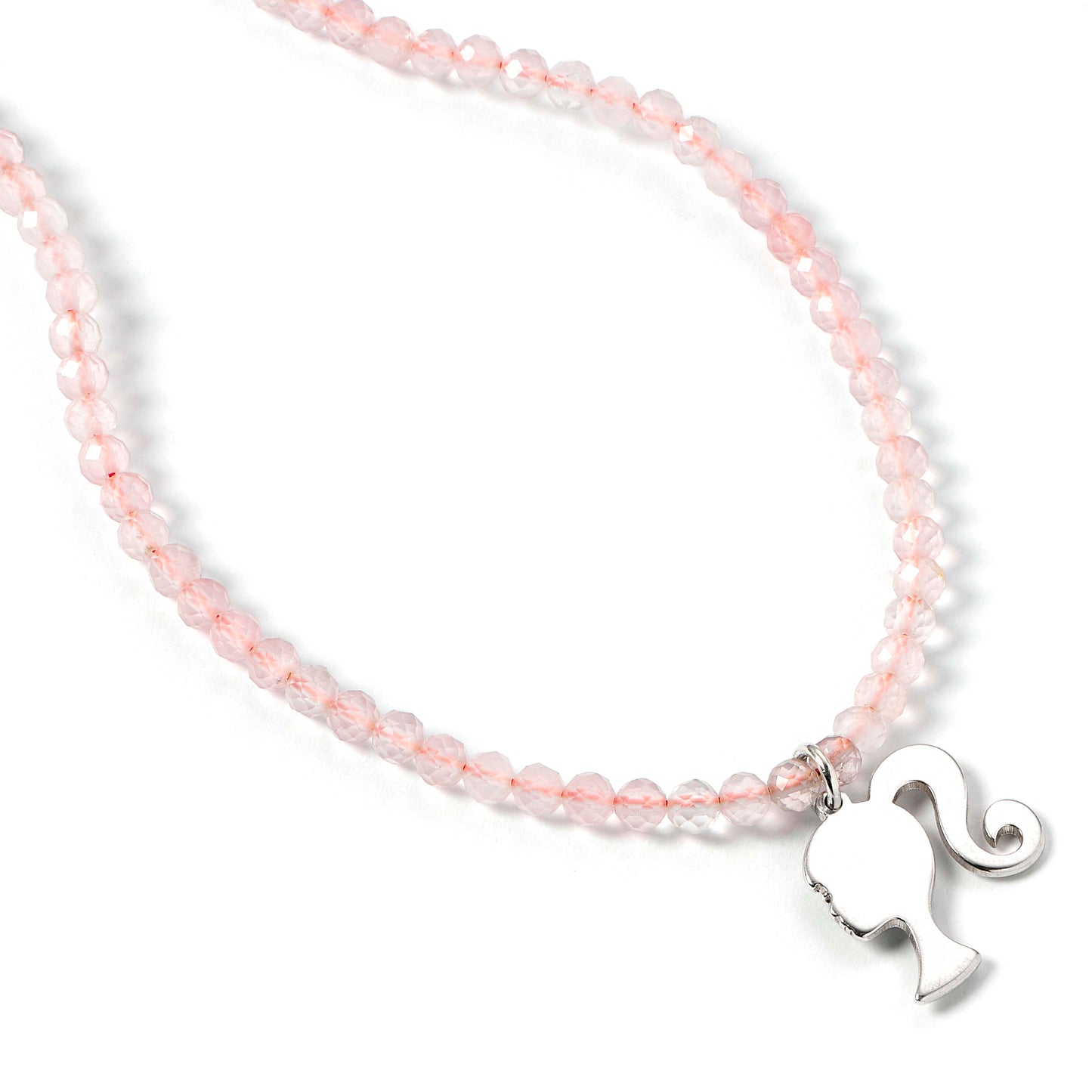 Barbie™️ Sterling Silver Silhouette Charm on a Rose Quartz Bead Necklace