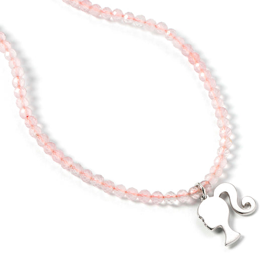 Barbie™️ Sterling Silver Silhouette Charm on a Rose Quartz Bead Necklace
