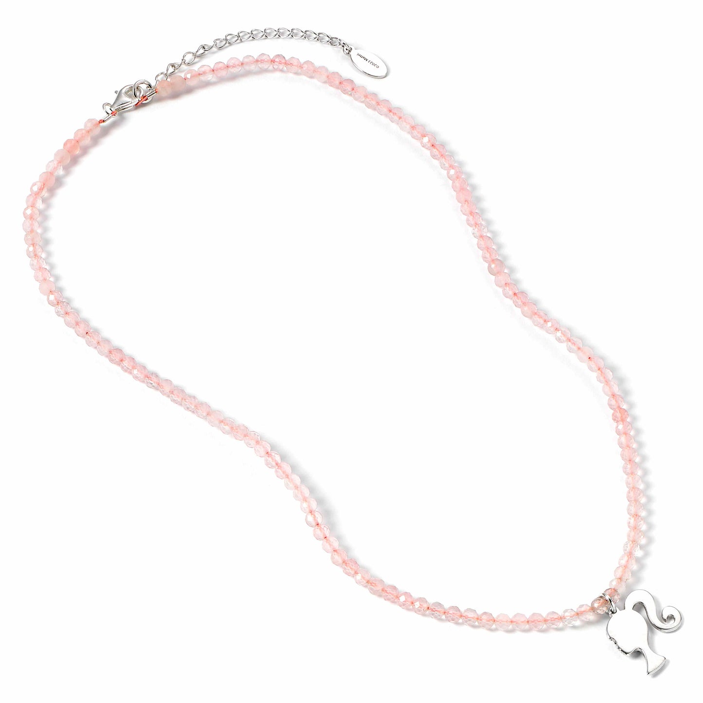 Barbie™️ Sterling Silver Silhouette Charm on a Rose Quartz Bead Necklace
