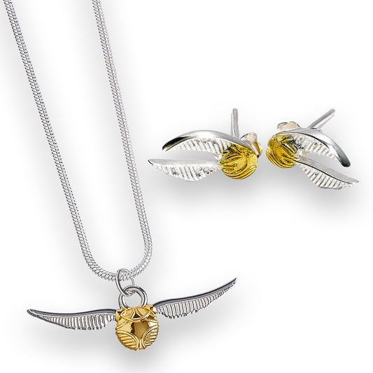 Harry Potter Golden Snitch Necklace and Earrings Gift Set - Silver