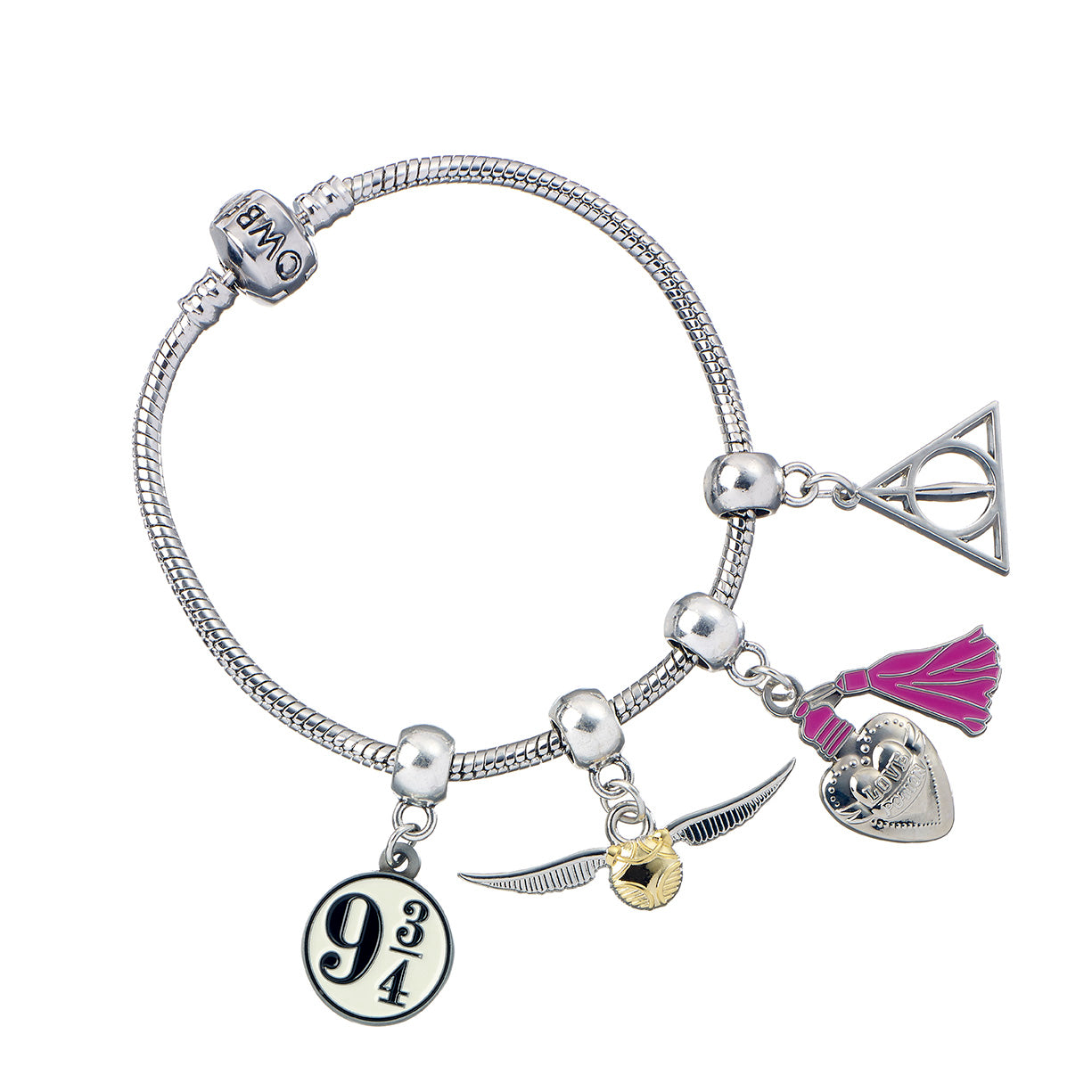 Harry Potter Charm Set Golden Snitch, Deathly Hallows, Love Potion, Platform 9 3/4 - Silver