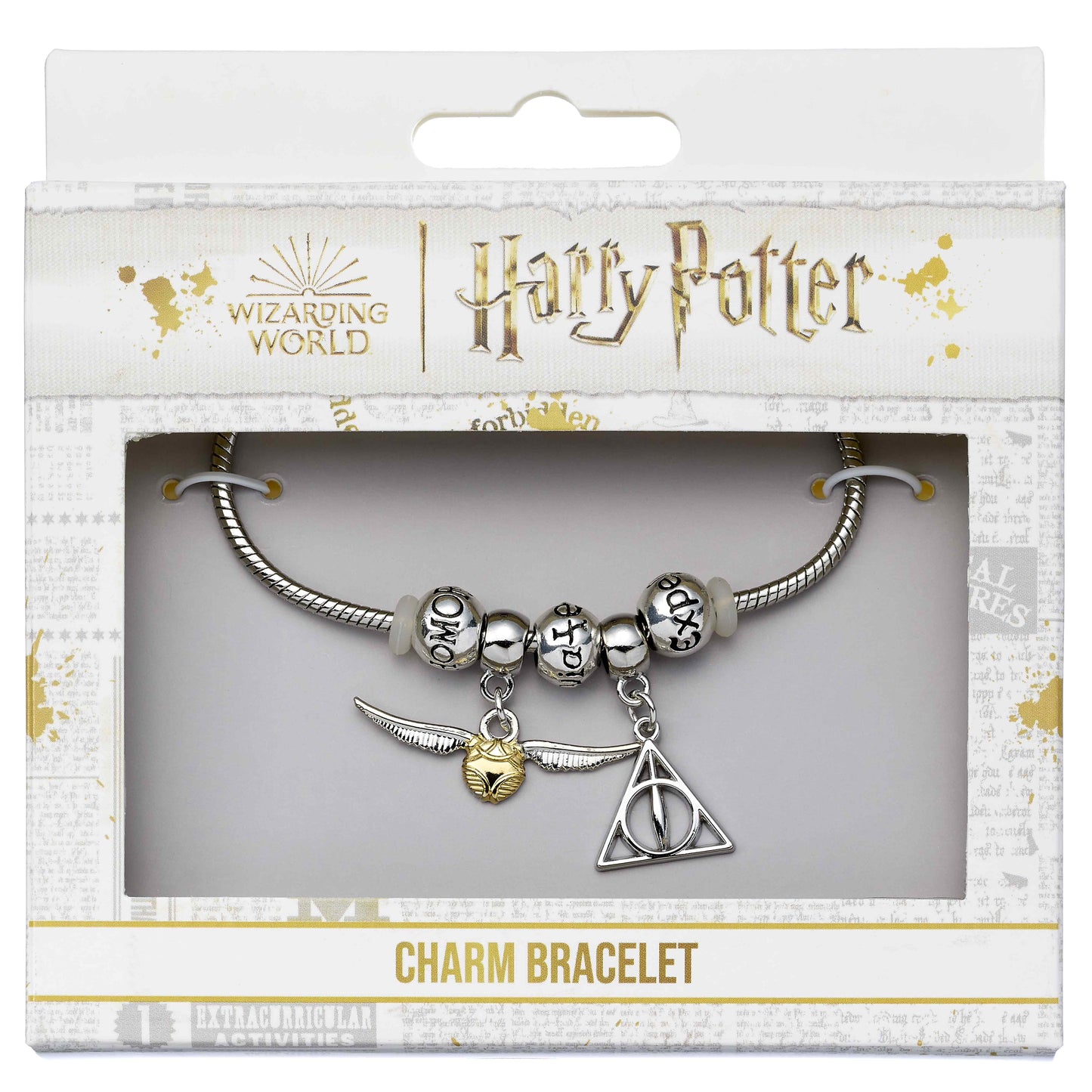 Harry Potter Charm Bracelet Set - Deathly Hallows, Golden Snitch, 3 Spell Beads - Silver - Medium - 19cm