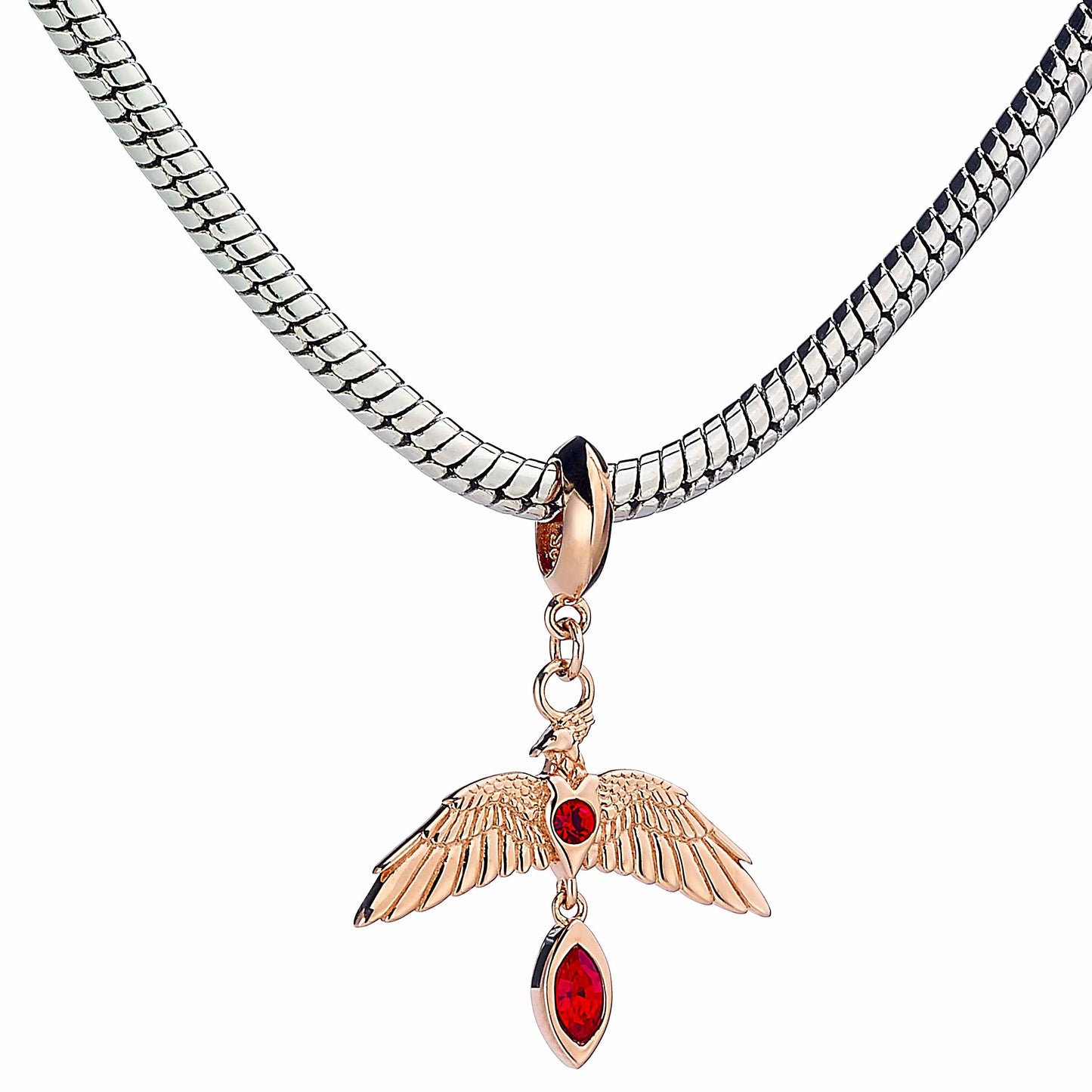 Harry Potter Sterling Silver Rose Gold Plated Fawkes Slider Charm with Crystals