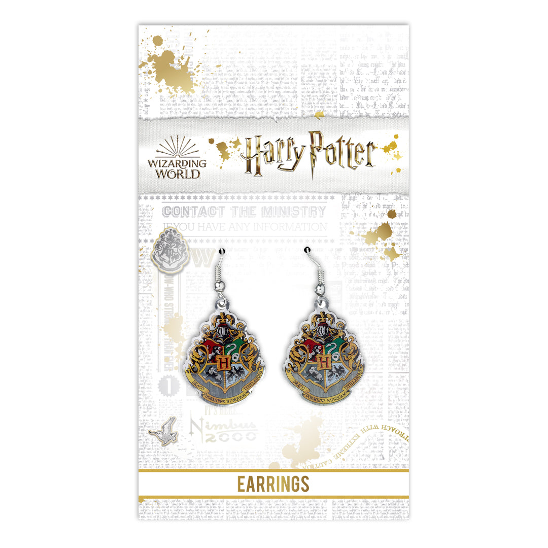 Harry Potter Hogwarts Crest Drop Earrings - Silver