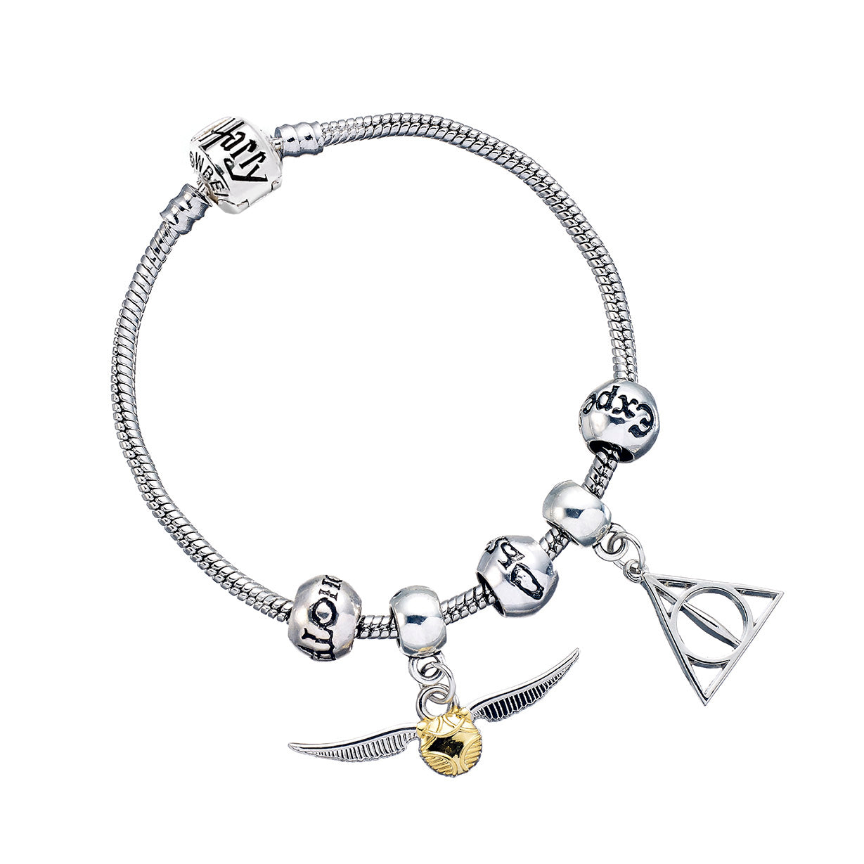 Harry Potter Charm Bracelet Set - Deathly Hallows, Golden Snitch, 3 Spell Beads - Silver - Medium - 19cm