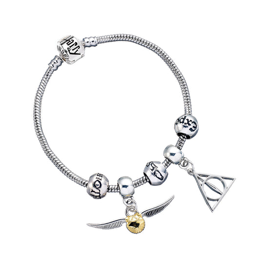 Harry Potter  Charm Bracelet Set - Deathly Hallows, Golden Snitch, 3 Spell Beads - Silver - Medium - 19cm