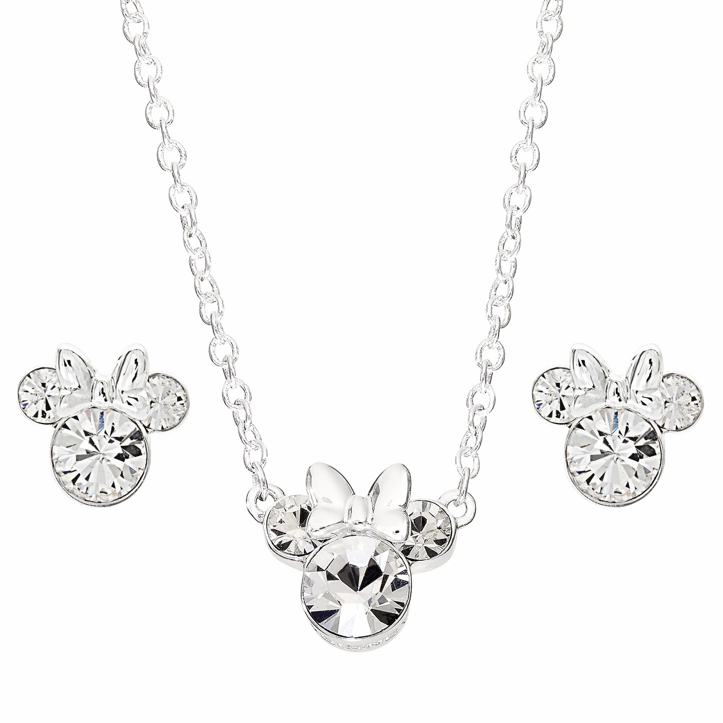 Disney Minnie Mouse Silver Plated brass and clear crystal Necklace and Stud Earring Set