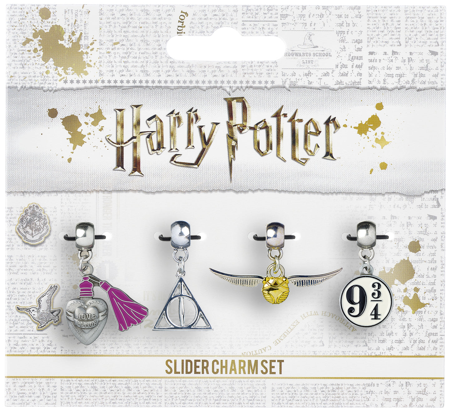 Harry Potter Charm Set Golden Snitch, Deathly Hallows, Love Potion, Platform 9 3/4 - Silver