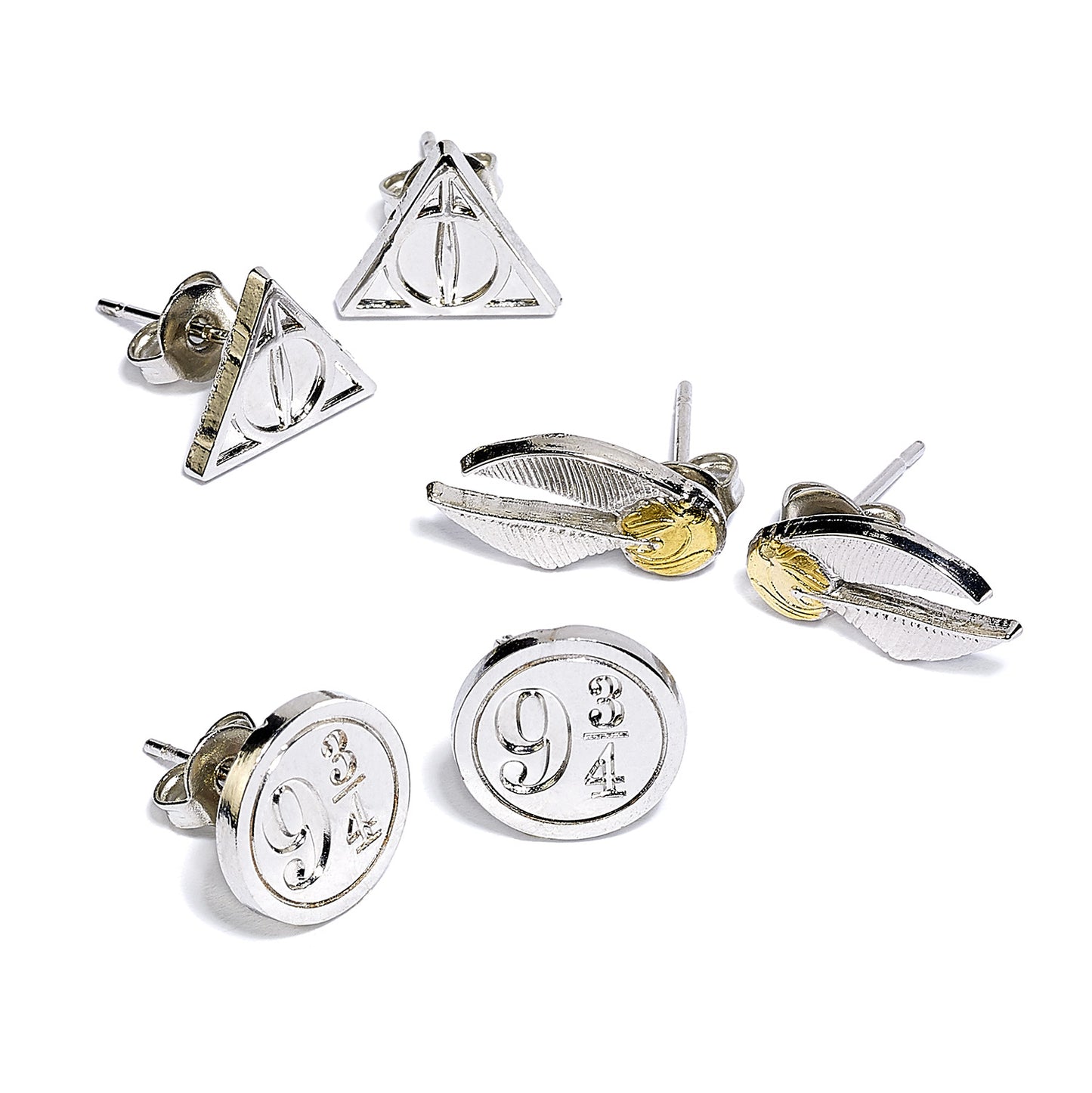 Harry Potter Stud Earring Set - Deathly Hallows, Golden Snitch, Platform 9 3/4 - Silver