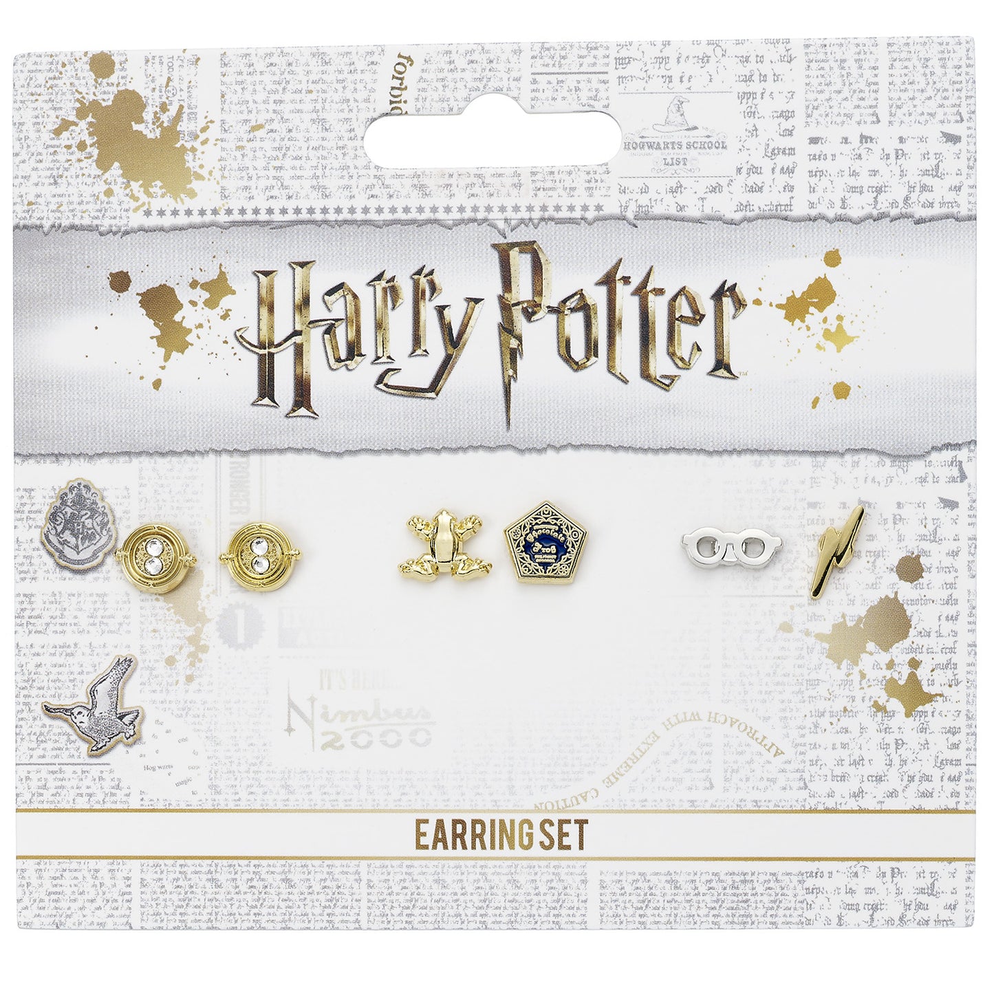 Harry Potter Stud Earring Set - Time Turner, Chocolate Frog, Glasses & Lightning Bolt - Silver