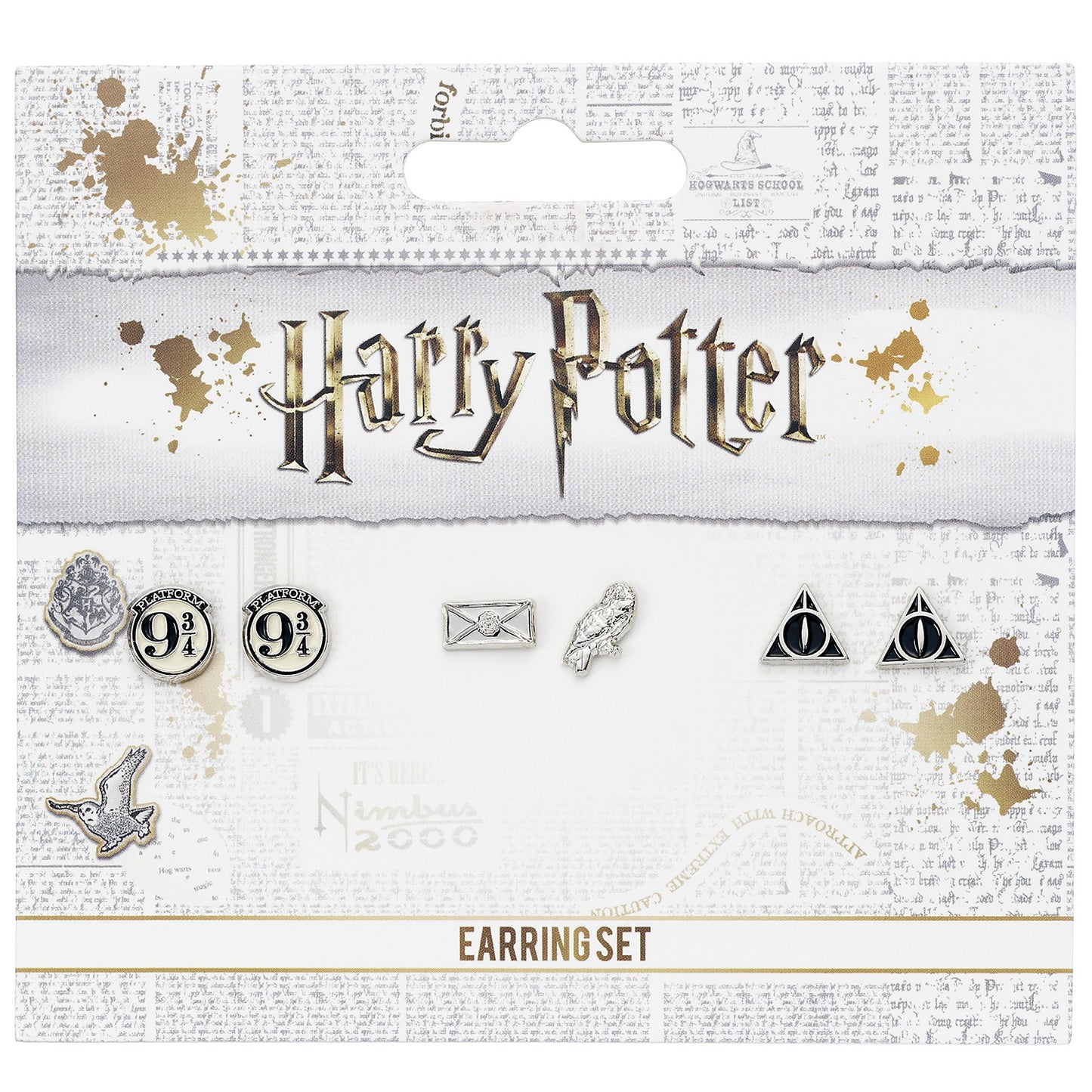 Harry Potter Stud Earring Set - Platform 9 3/4, Hedwig & Acceptance Letter, Deathly Hallows - Silver