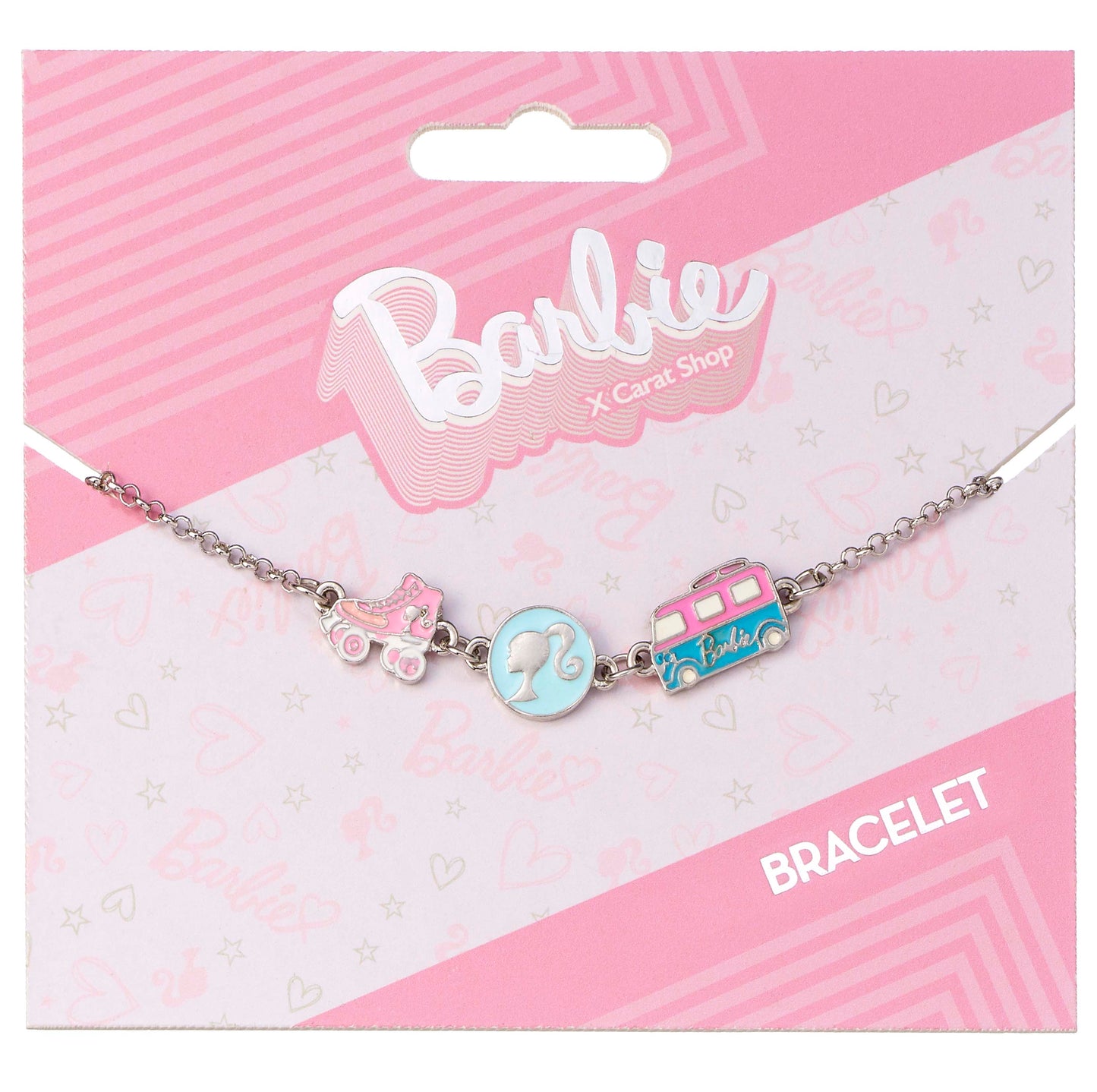 Barbie Charm Bracelet with three enameled fun Charms  - Silhouette, Skate, & Camper van