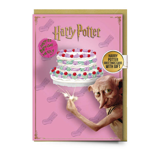 Harry Potter Dobby Happy Birthday Cake Greetings card with Button Badge