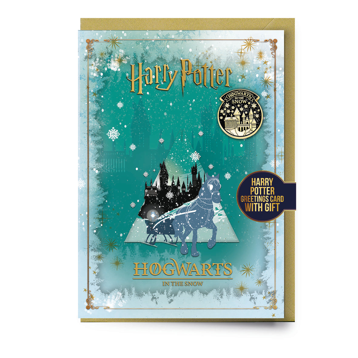 Harry Potter Hogwarts In The Snow Christmas Card with Hogwarts In the Snow Pin Badge