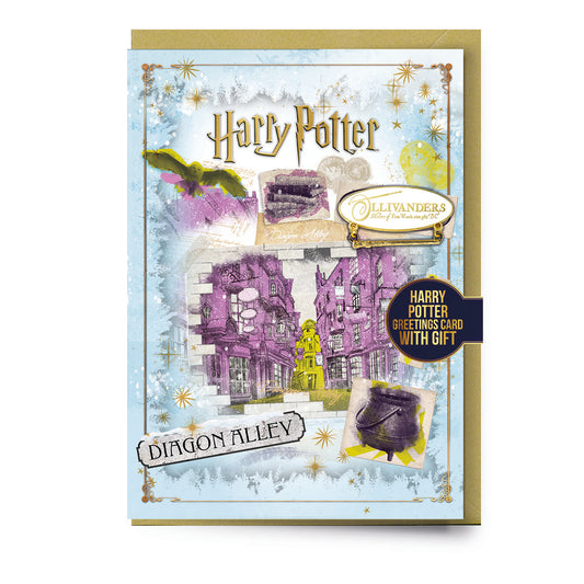 Harry Potter Diagon Alley Christmas Card with Olivanders Sign Pin Badge