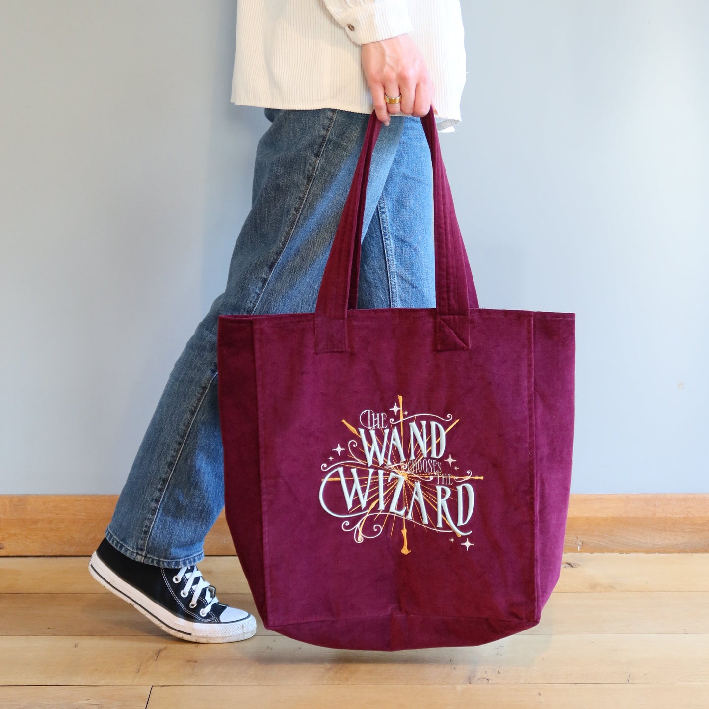 Harry Potter Embroidered Velvet Wand Chooses The Wizard Tote Bag