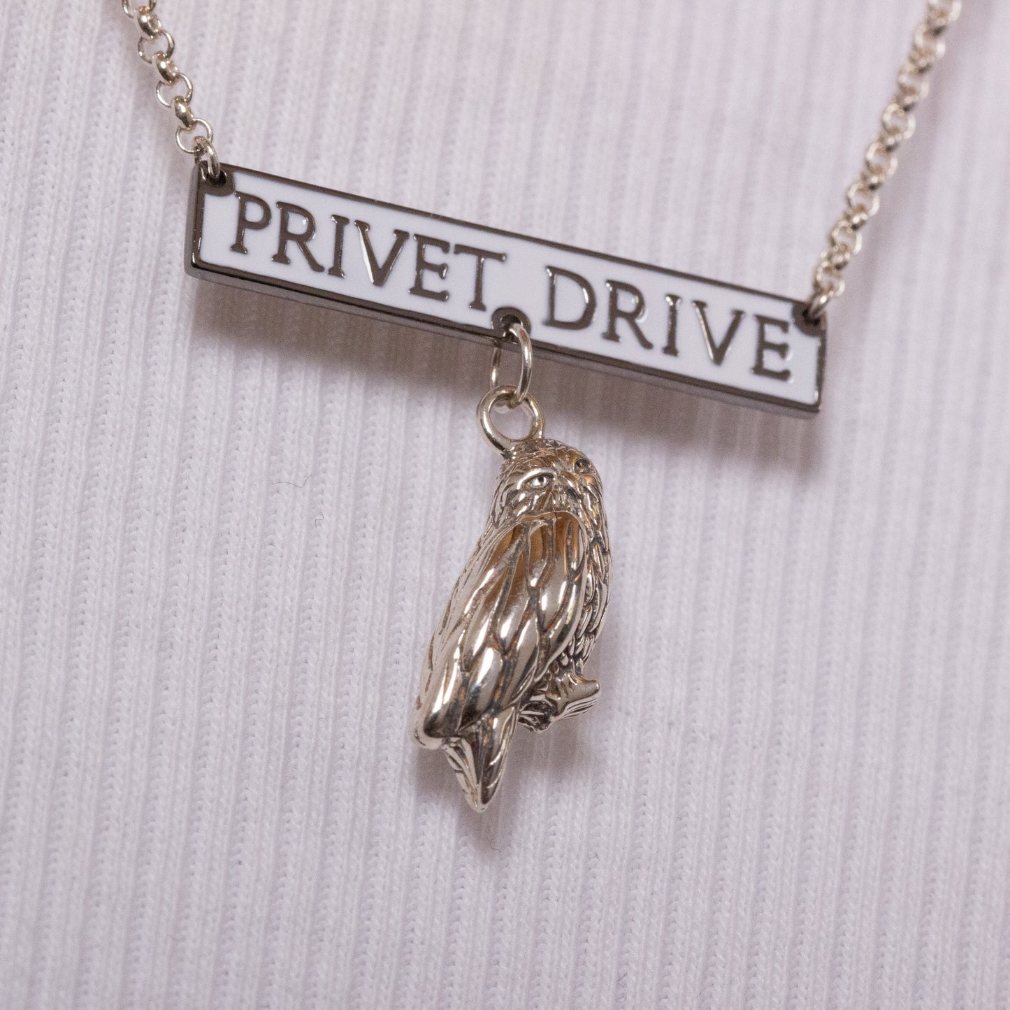 Harry Potter Privet Drive Sign with Hedwig the Owl Charm Necklace - Sterling Silver