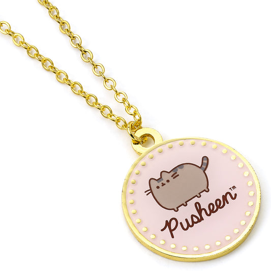 Pusheen the Cat Pink Enamel Disc Necklace - Gold