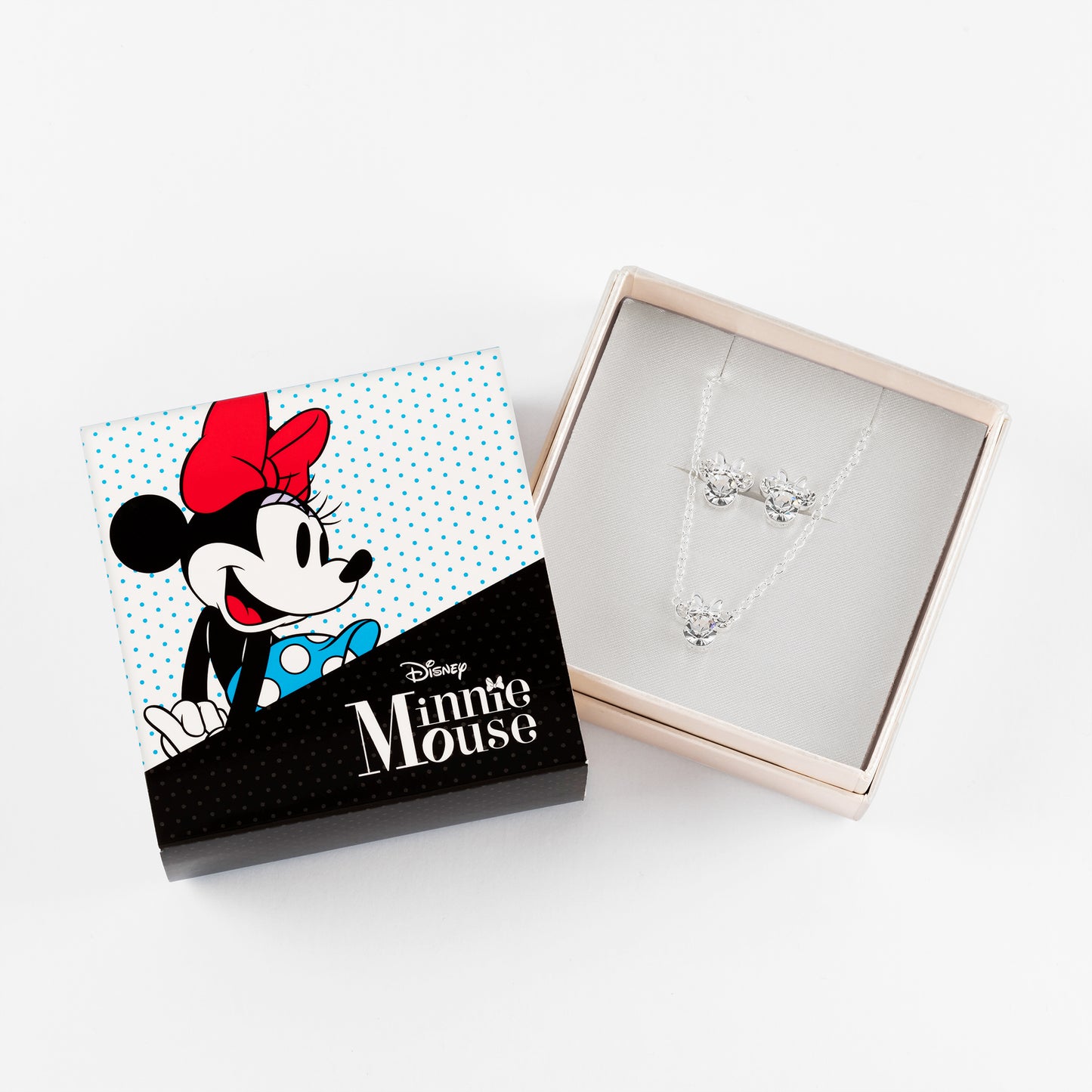 Disney Minnie Mouse Silver Plated brass and clear crystal Necklace and Stud Earring Set