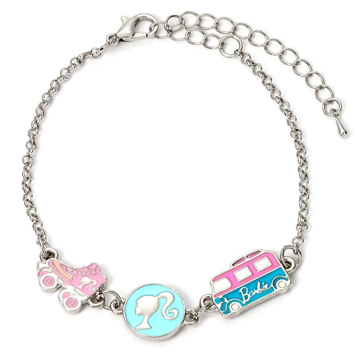 Barbie Charm Bracelet with three enameled fun Charms  - Silhouette, Skate, & Camper van