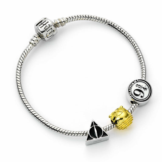 Harry Potter Silver Plated Bracelet with Deathly Hallows, Golden Snitch and Platform 9 3/4 Charm - Silver