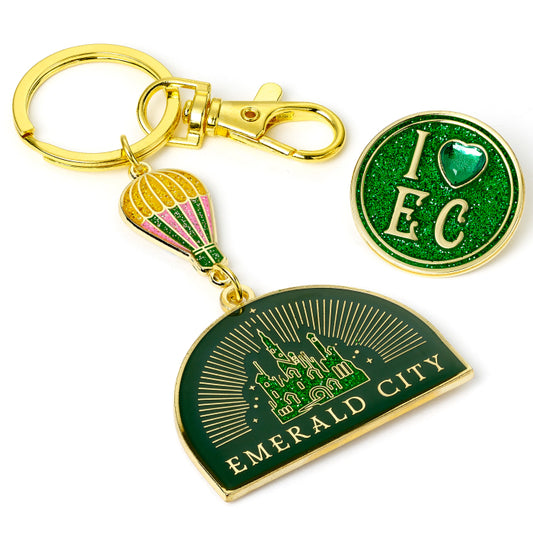 Wicked Emerald City Hot Air Balloon Keyring & Pin Badge Gift Set