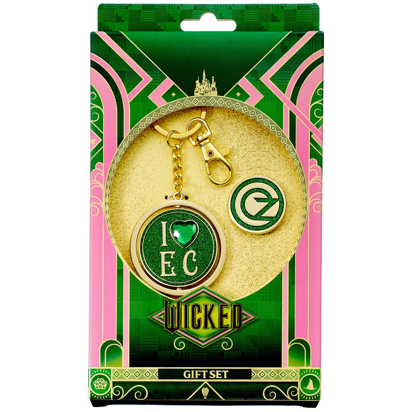 Wicked I Love Emerald City Keyring & Oz Logo Pin Badge Gift Set