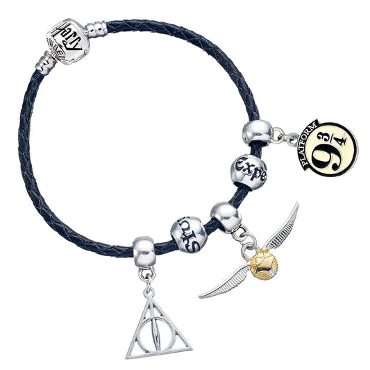 Harry Potter  Leather Charm Bracelet Set- Deathly Hallows, Golden Snitch, Platform 9 3/4 and 2 Spellbeads - Black - Medium - 19cm
