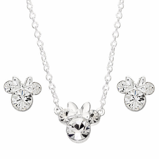 Disney Minnie Mouse Ensemble collier et boucles d'oreilles en laiton plaqué argent et cristal clair