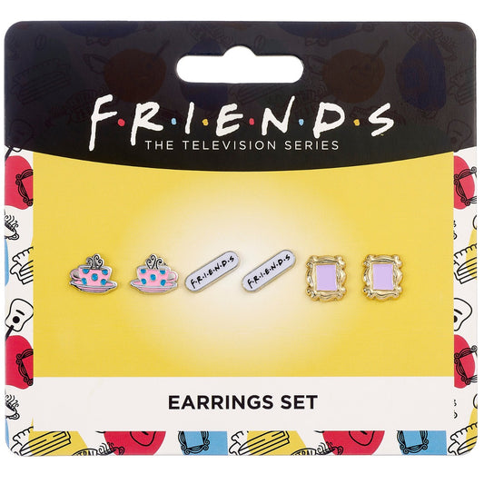 Friends the TV Series Earring Stud Set of 3- Monicas Frame, Coffee Cup, Friends Logo - Silver