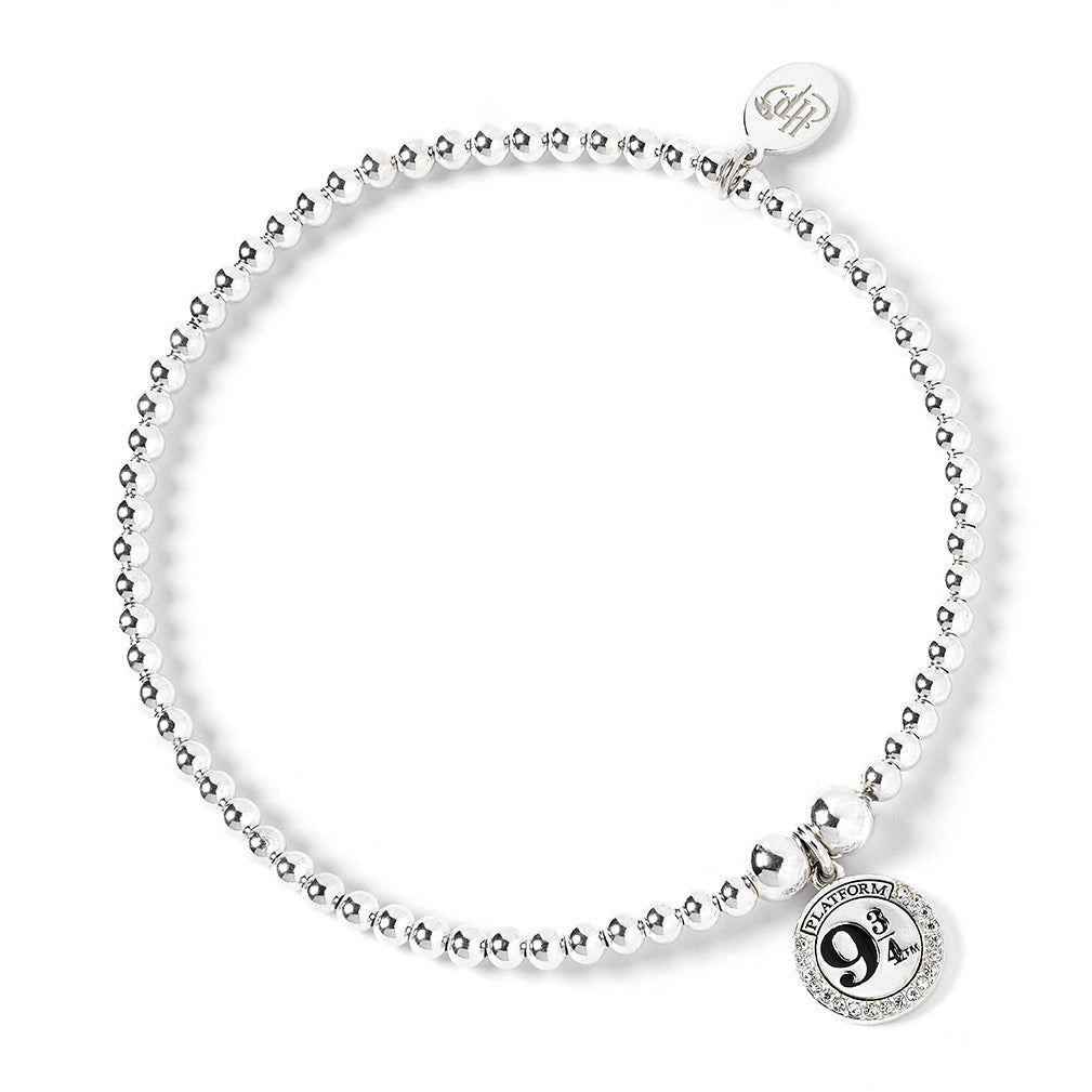 Bracelet de perles boule Harry Potter avec breloque plate-forme 9 3/4 ornée de cristaux - Argent sterling