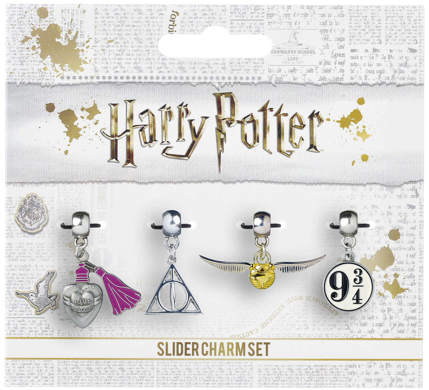 Harry Potter  Charm Set Golden Snitch, Deathly Hallows, Love Potion, Platform 9 3/4 - Silver