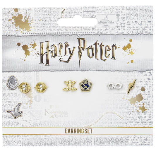 Ensemble de boucles d'oreilles Harry Potter - Retourneur de temps, Chocogrenouille, Lunettes et Éclair - Argent