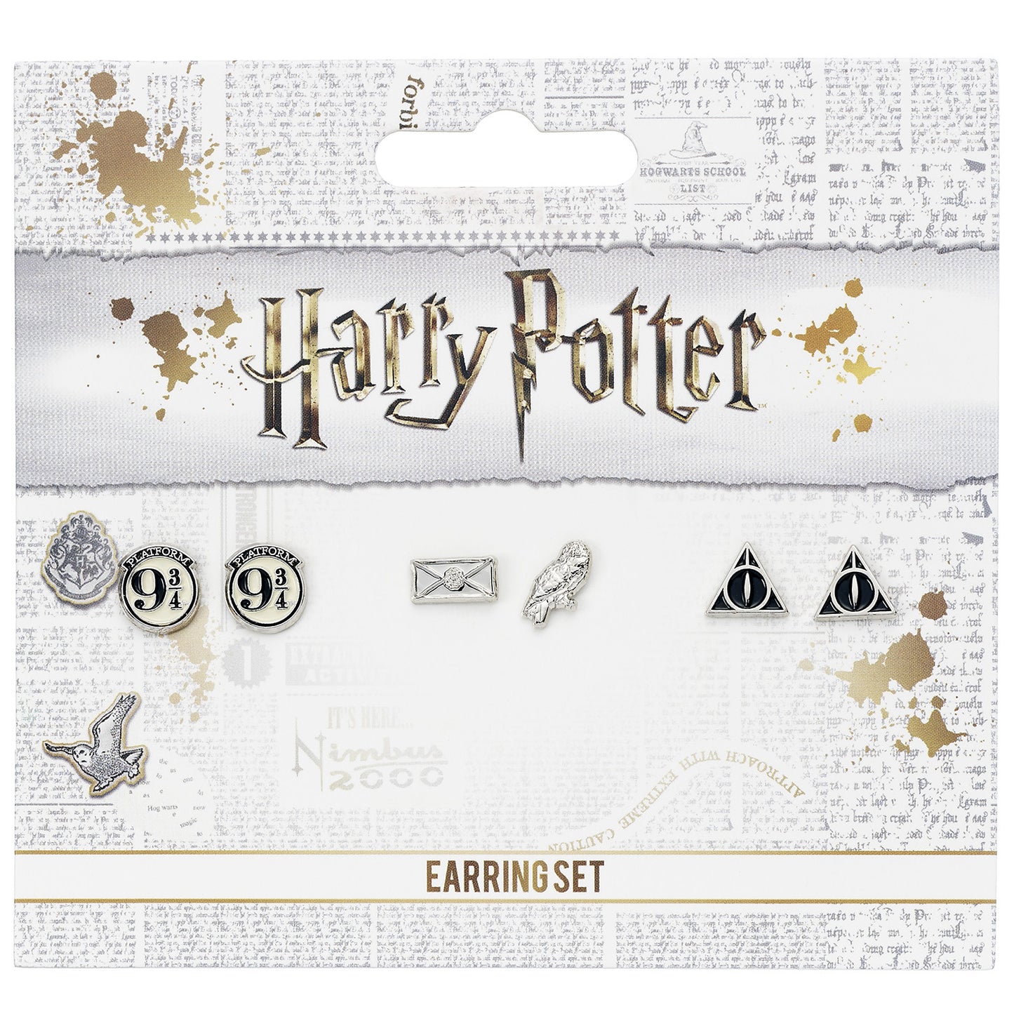 Ensemble de clous d'oreilles Harry Potter - Plate-forme 9 3/4, Hedwige et lettre d'acceptation, Reliques de la mort - Argent