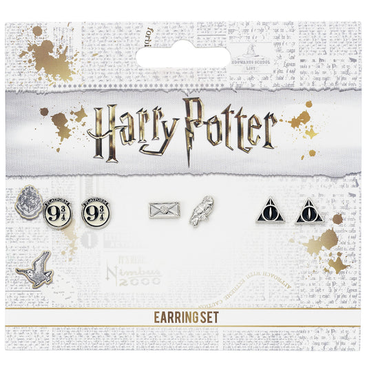 Ensemble de clous d'oreilles Harry Potter - Plate-forme 9 3/4, Hedwige et lettre d'acceptation, Reliques de la mort - Argent